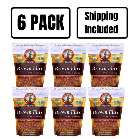 6 Bags Of 1.75 Pound Brown Flaxseed In A Row With A 6 Pack Shipping Included Banner Suspended Above On A Blank Background