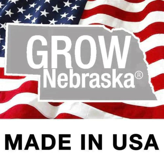 GROW Nebraska Made in USA Logo on an American Flag Background