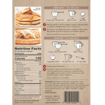 The back off a 2.5 lb. bag of Cooper's Best Buttermilk Pancake Mix including nutrition facts, instructions, and ingredients on a white background.