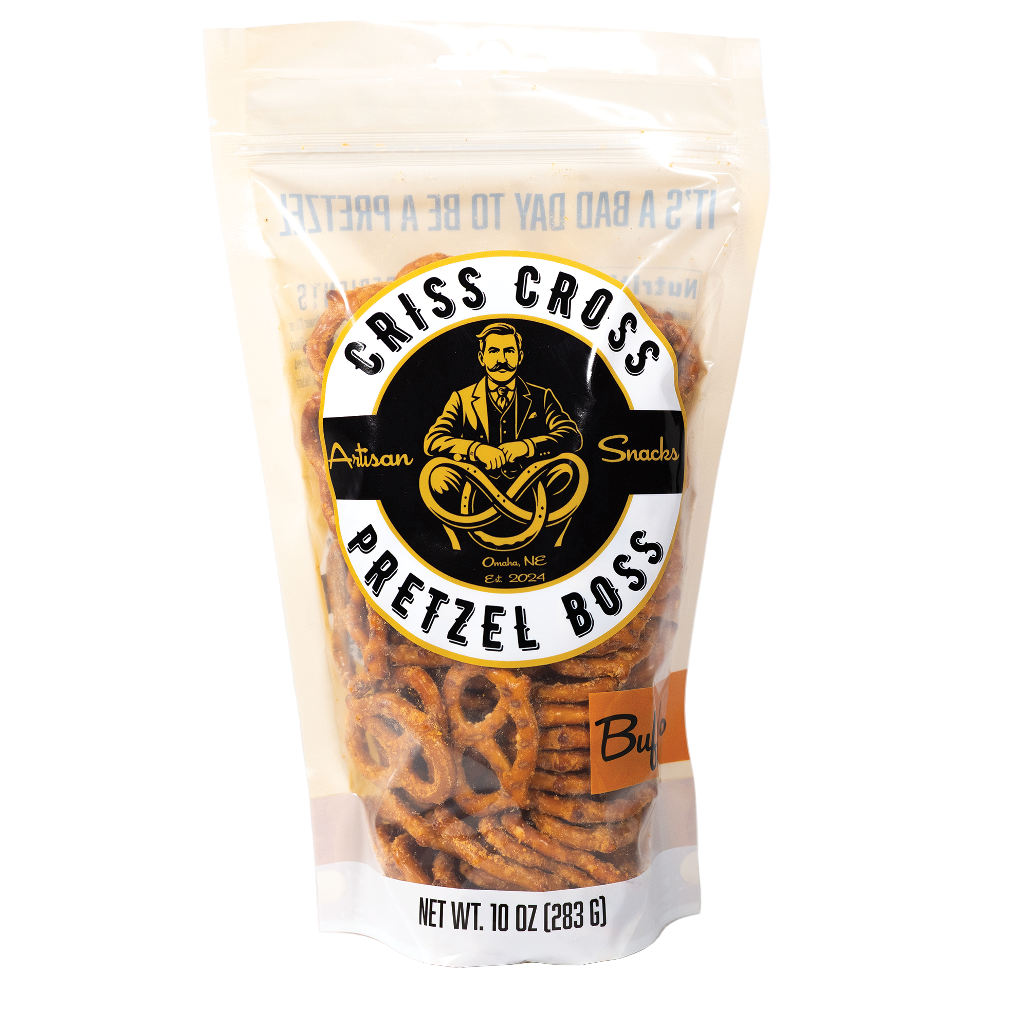 Bag of Criss Cross Pretzel Boss buffalo pretzels on a white background
