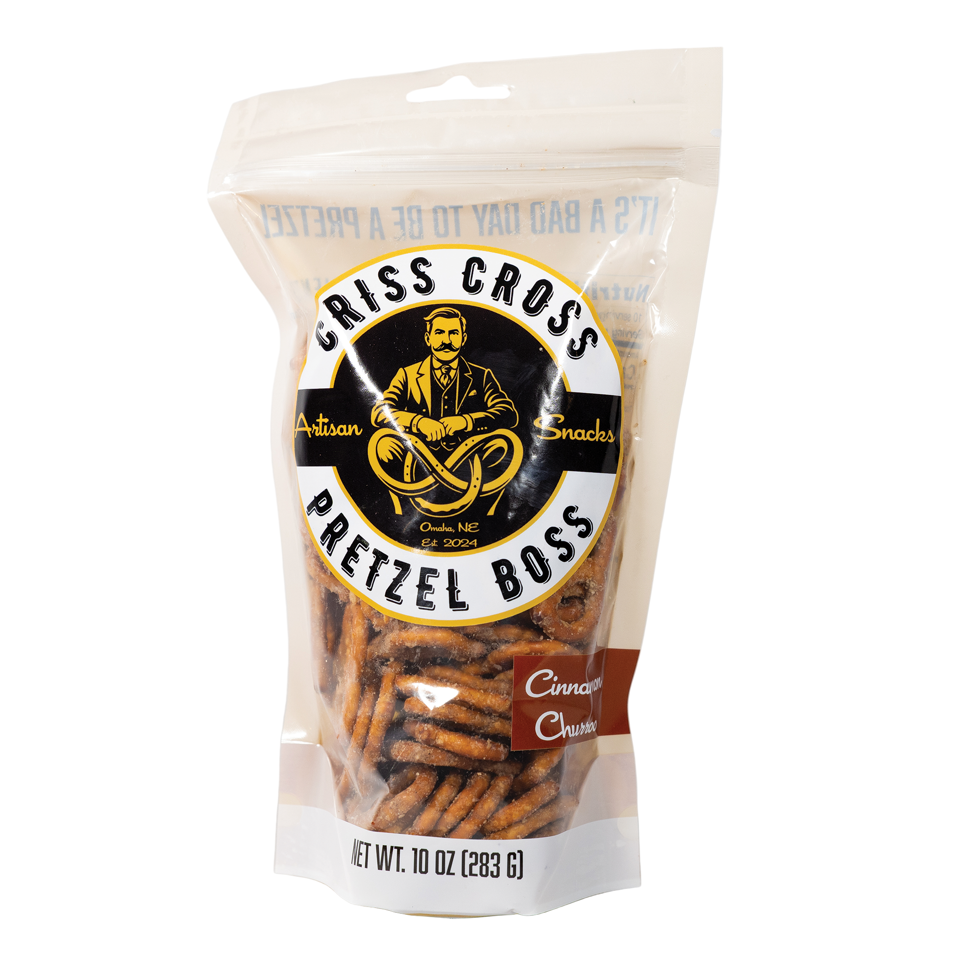 Bag of Criss Cross Pretzel Boss pretzels on a white background