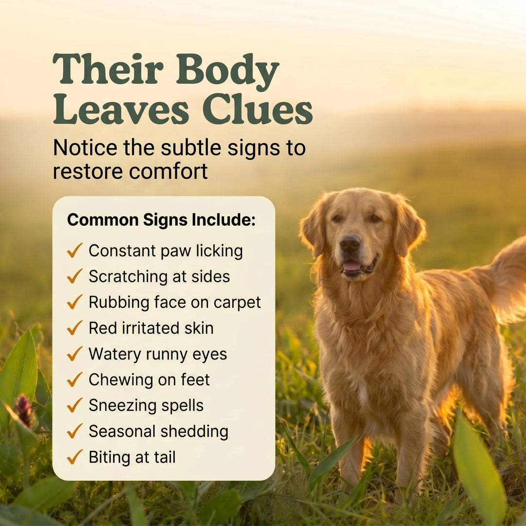 Dog standing in a field with text about body language clues for comfort