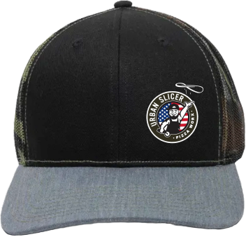 Urban Slicer Pizza Worx Snap Back Hat | Black & Camo With Red, White & Blue Logo | Urban Slicer Pizza Worx