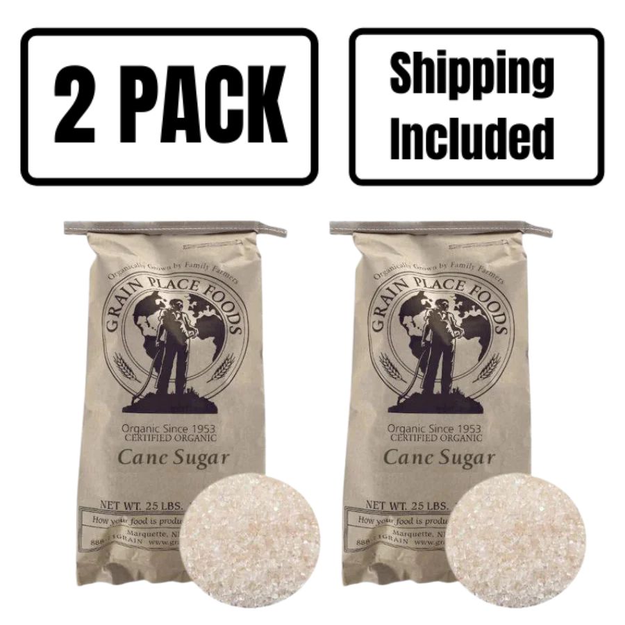 Two 25 Pound Bag Of Organic Cane Sugar On A White Background with 2 Pack and Shipping Included Banner Above