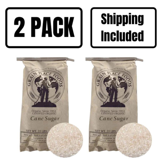 Two 25 Pound Bag Of Organic Cane Sugar On A White Background with 2 Pack and Shipping Included Banner Above