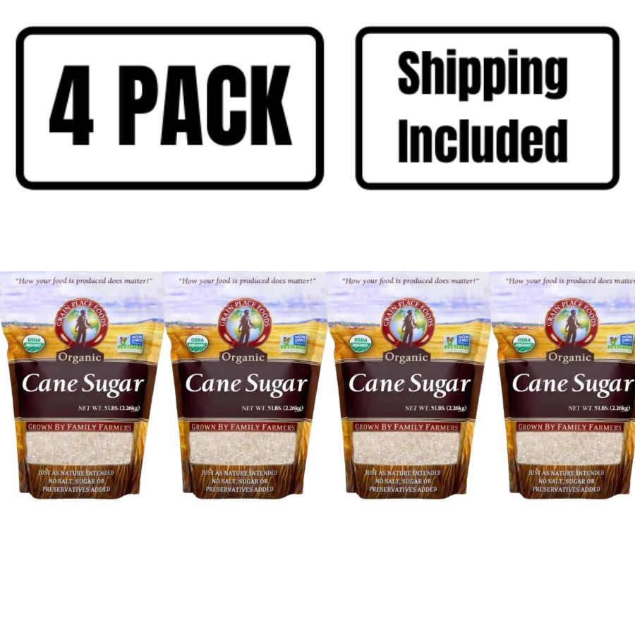  4 Bags Of 5 Pound Of Cane Sugar With A Blank Background And A 4 Pack Shipping Included Banner Above