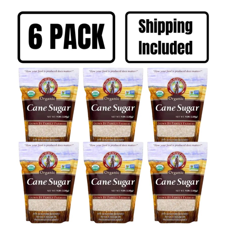 6 Bags Of 5 Pound Of Cane Sugar With A Blank Background And A 6 Pack Shipping Included Banner Above