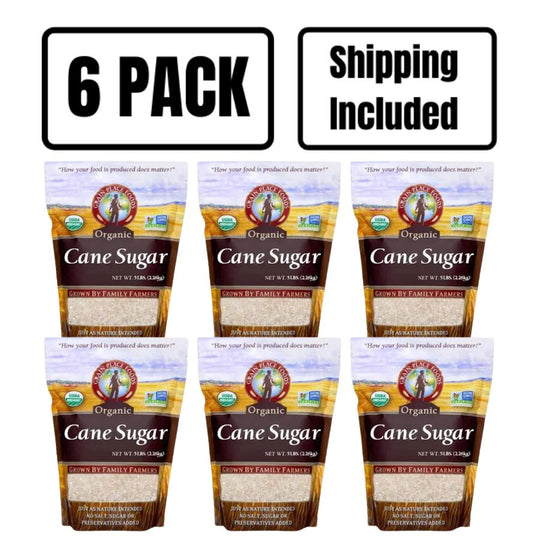 6 Bags Of 5 Pound Of Cane Sugar With A Blank Background And A 6 Pack Shipping Included Banner Above