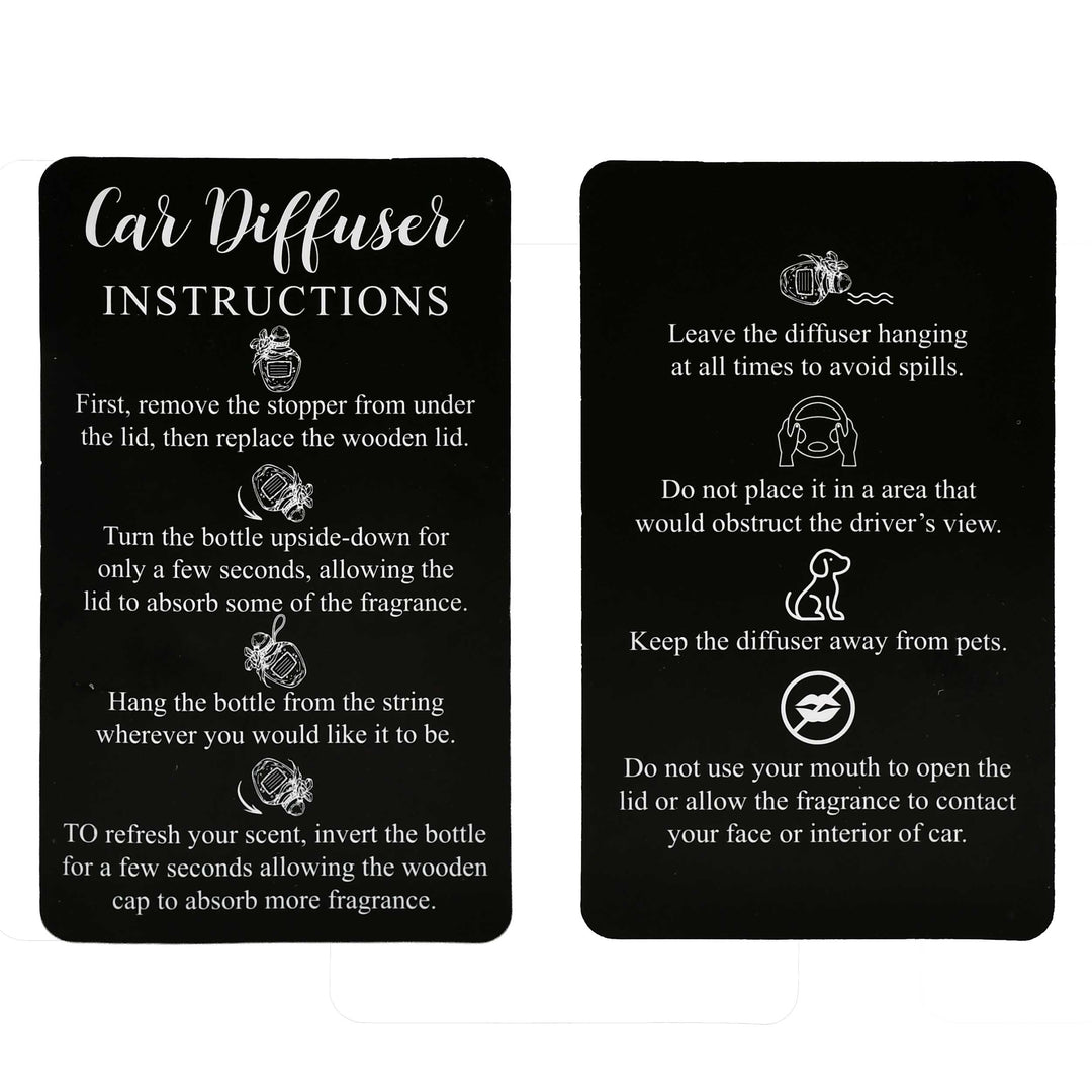 Two black cards with white text and icons detailing car diffuser instructions.