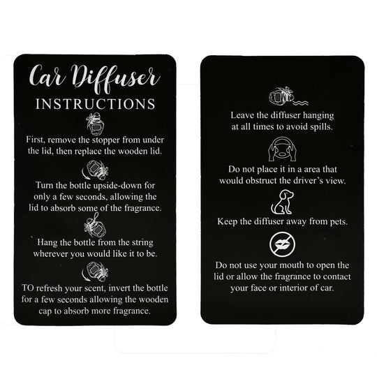 Two black cards with white text and icons detailing car diffuser instructions.