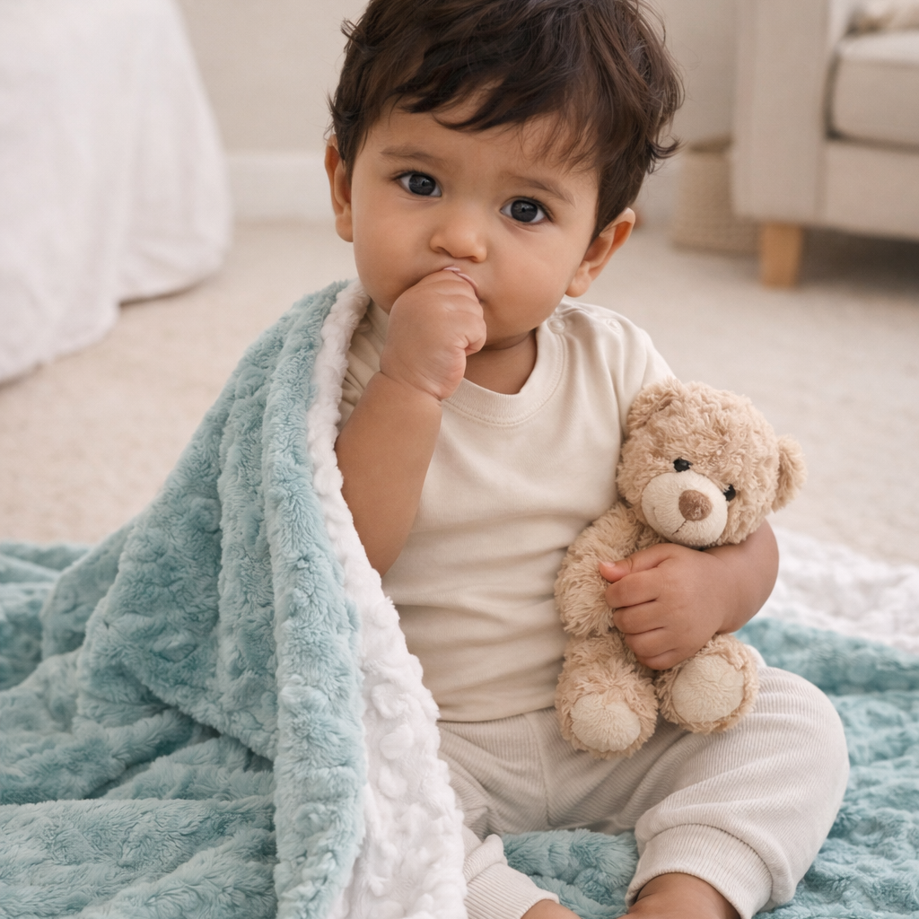 Baby holding a teddy bear wrapped in a blanket on a soft surface