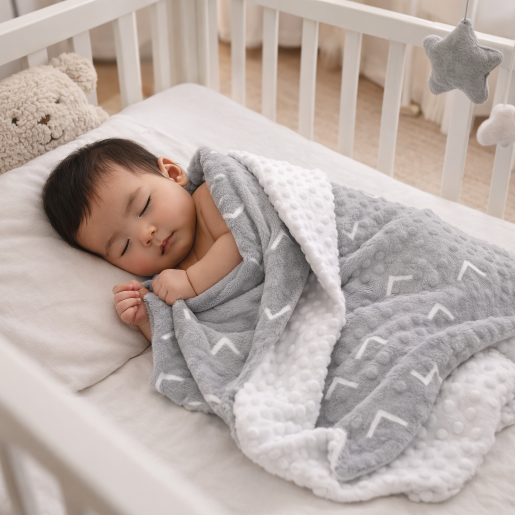 Baby sleeping in a crib with a gray blanket and teddy bear