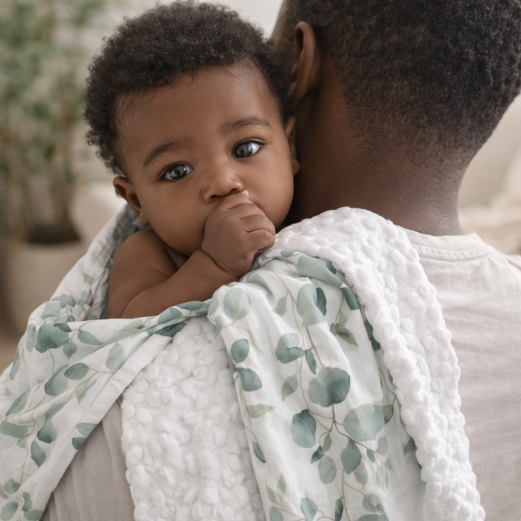 Baby wrapped in a green and white blanket held by an adult in a home setting.