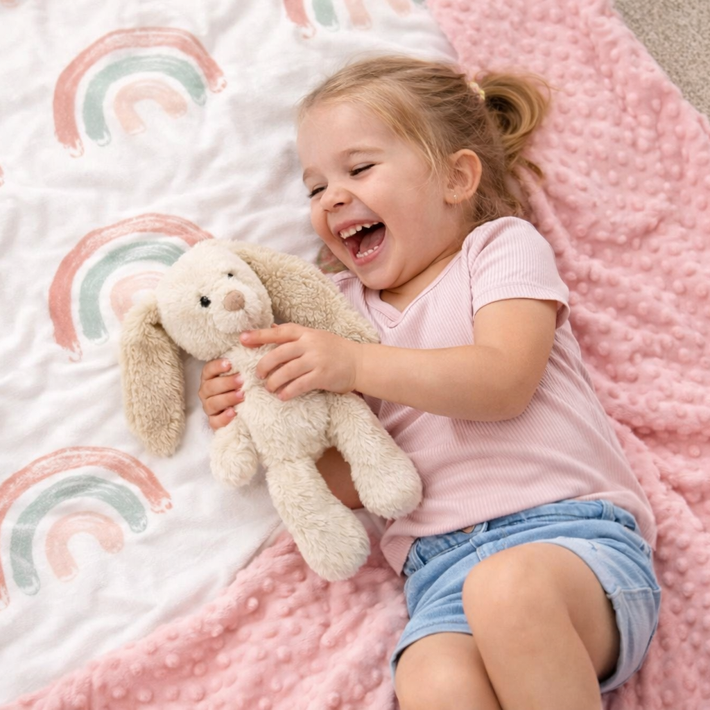Child holding a teddy bear on a soft, patterned blanket