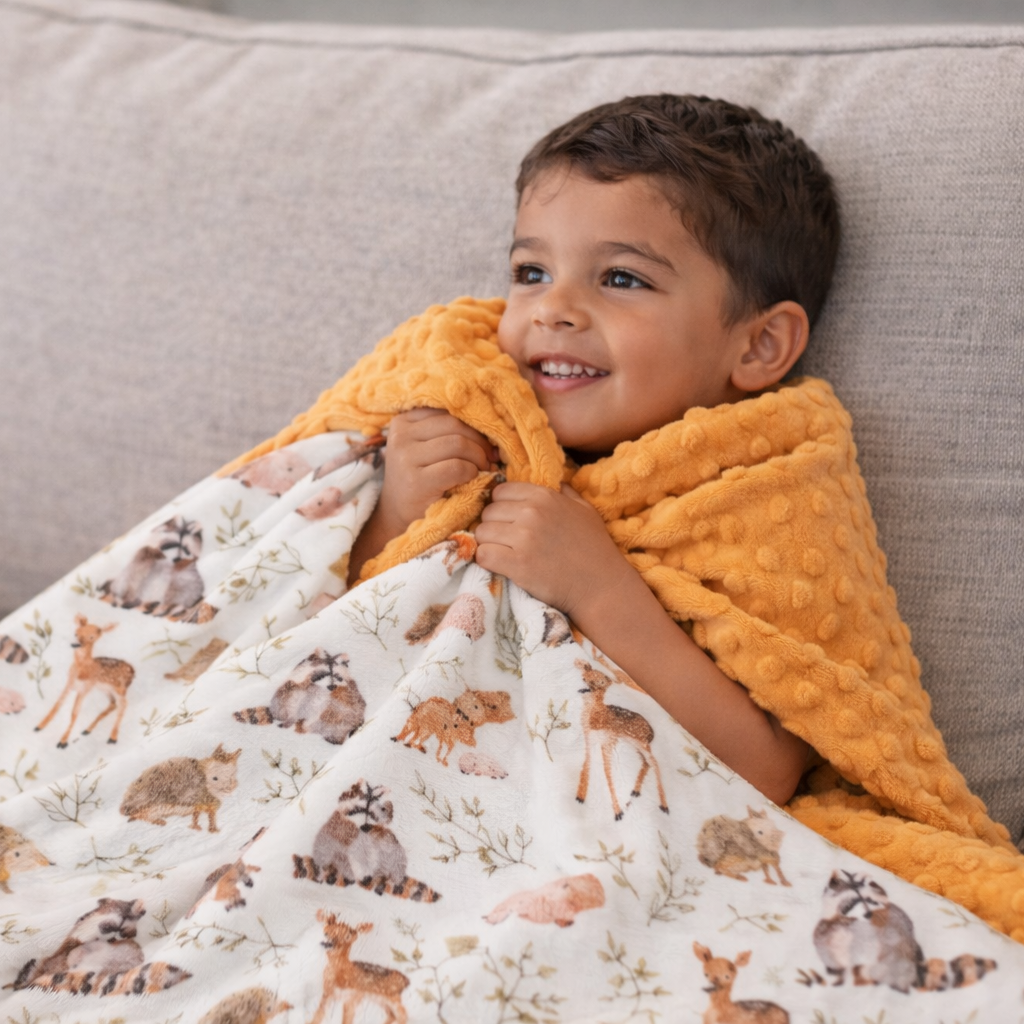 Child wrapped in a blanket with animal patterns on a couch