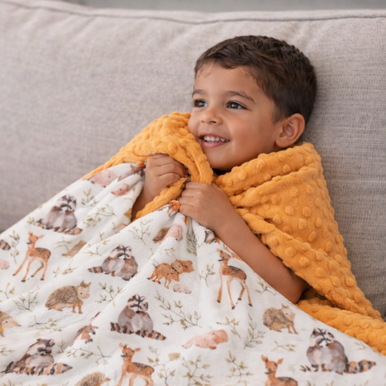 Child wrapped in a blanket with animal patterns on a couch