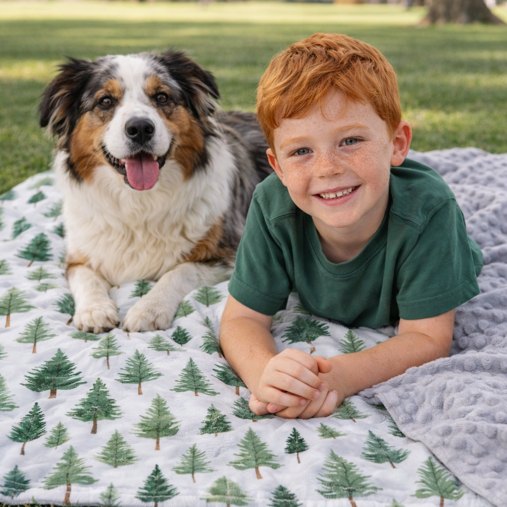 Child and dog lying on a blanket with a forest pattern in a grassy area
