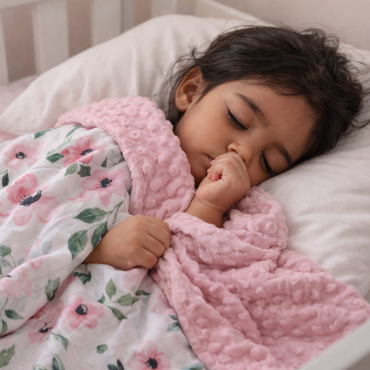 Child sleeping in a crib with floral bedding