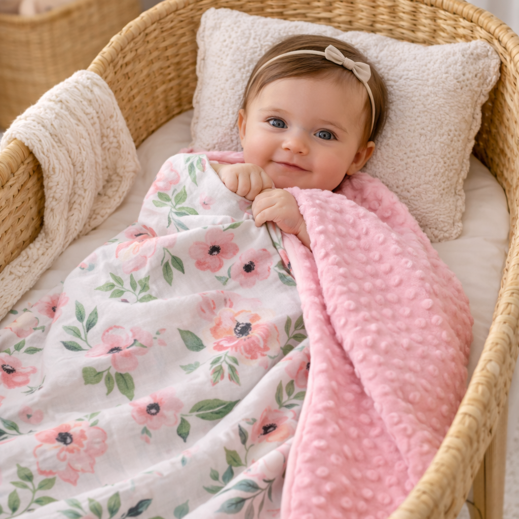 Baby in a crib with floral blanket and pink minky blanket