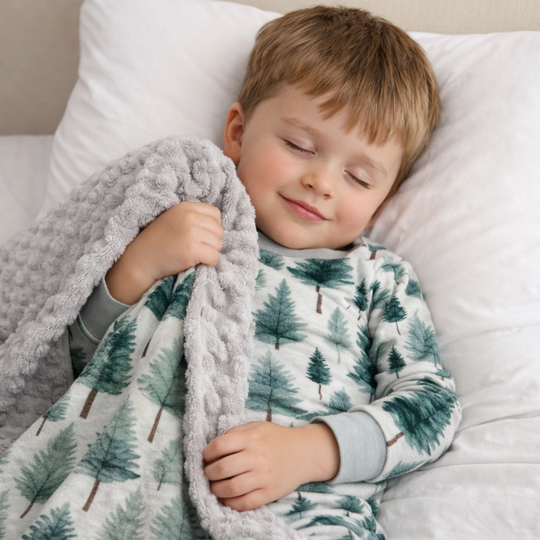 Child wrapped in a blanket with a tree pattern, lying on a bed.