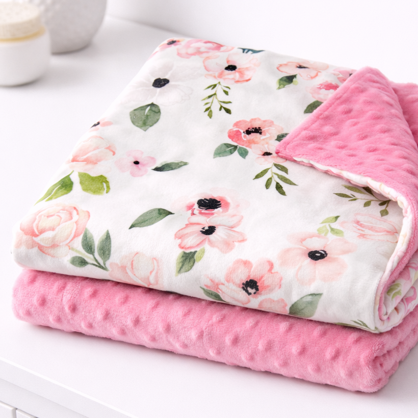 Floral-patterned baby blanket with pink minky on a white surface