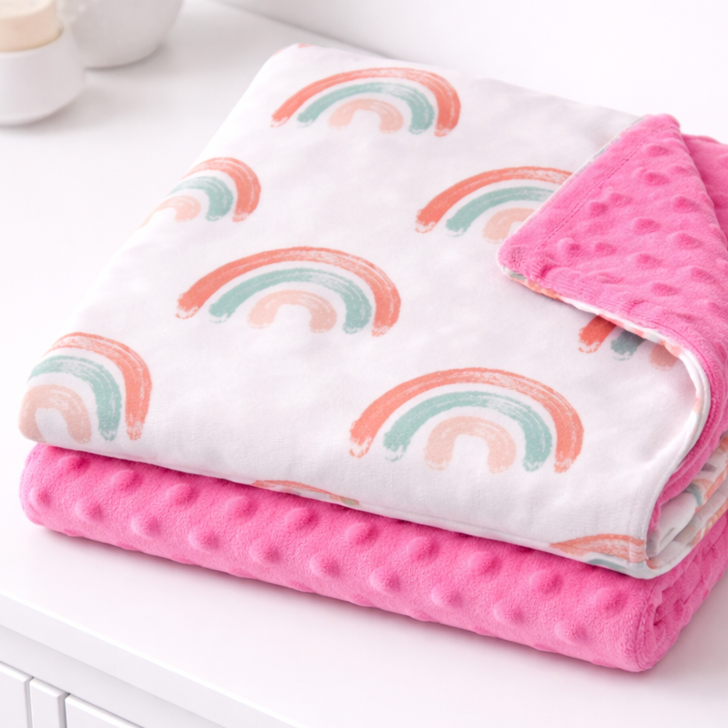Pink and white baby blanket with rainbow pattern on a white surface
