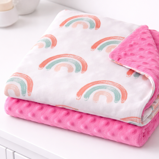 Pink and white baby blanket with rainbow pattern on a white surface