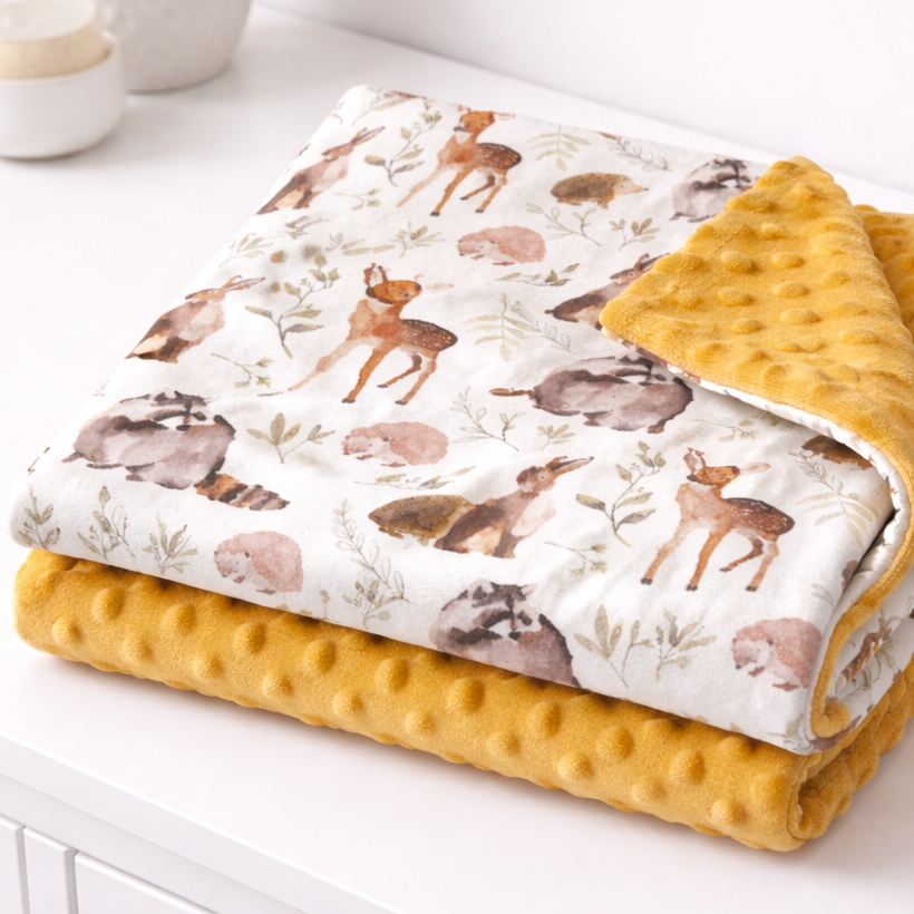 Folded baby blanket with deer pattern and yellow reverse side on a white surface