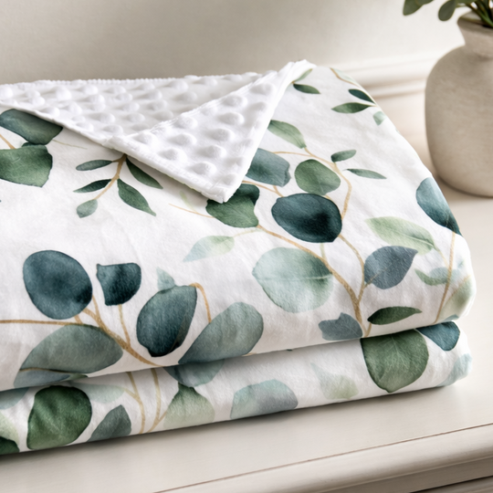 Folded blanket with green leaf pattern on a light surface