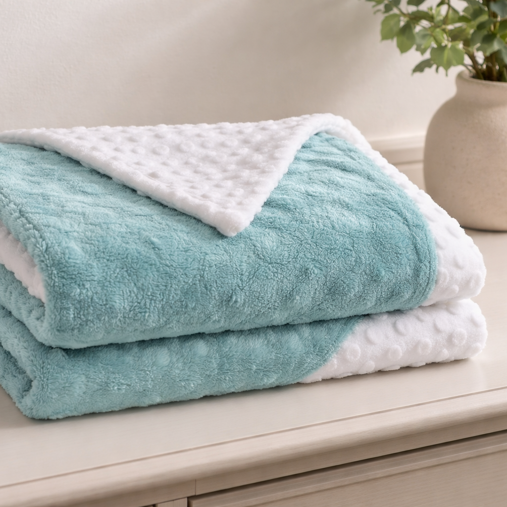 Stack of teal and white blankets on a wooden surface with a plant in the background