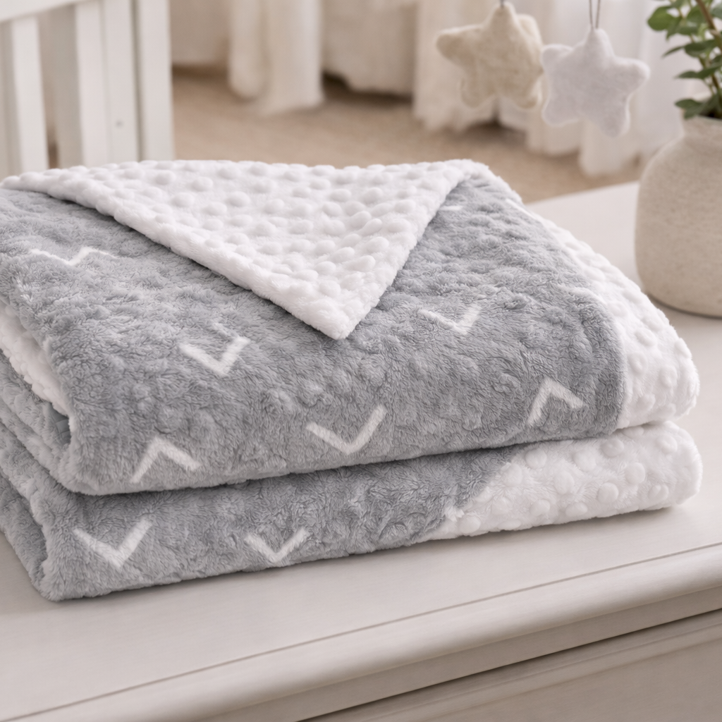 Stack of gray and white patterned blankets on a light wooden surface.