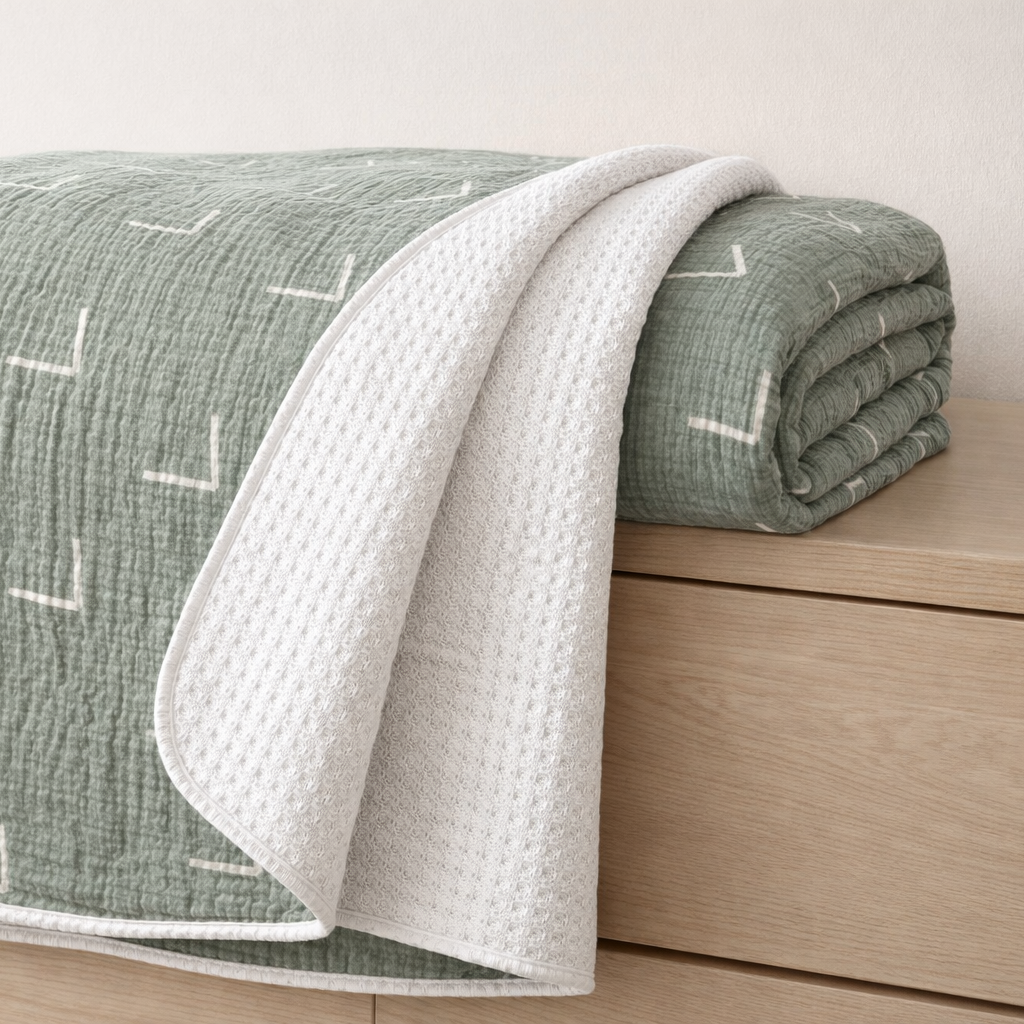 Green quilt with white patterns on a wooden surface