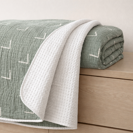 Green quilt with white patterns on a wooden surface