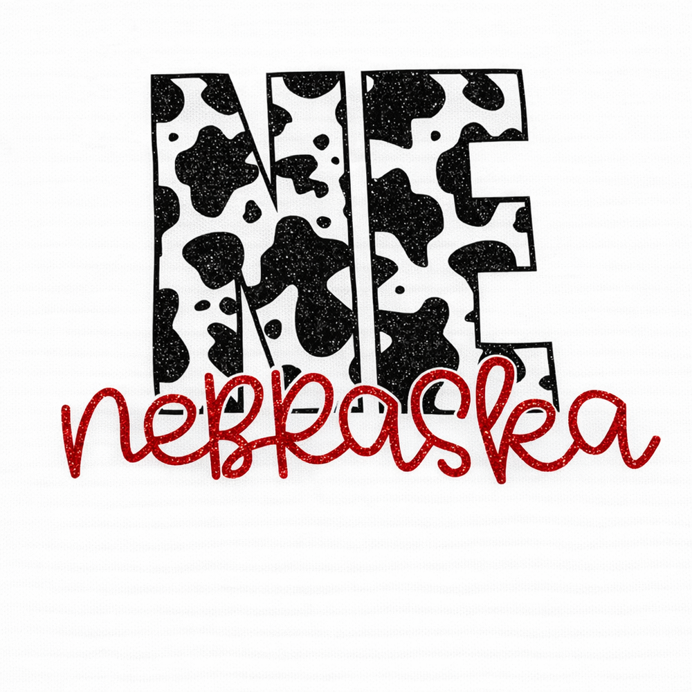 Black and white patterned letters spelling 'NE' with red text spelling 'nebraska' below on a white background