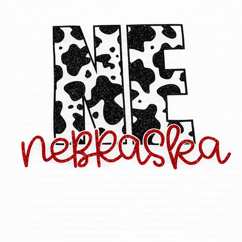 Black and white patterned letters spelling 'NE' with red text spelling 'nebraska' below on a white background