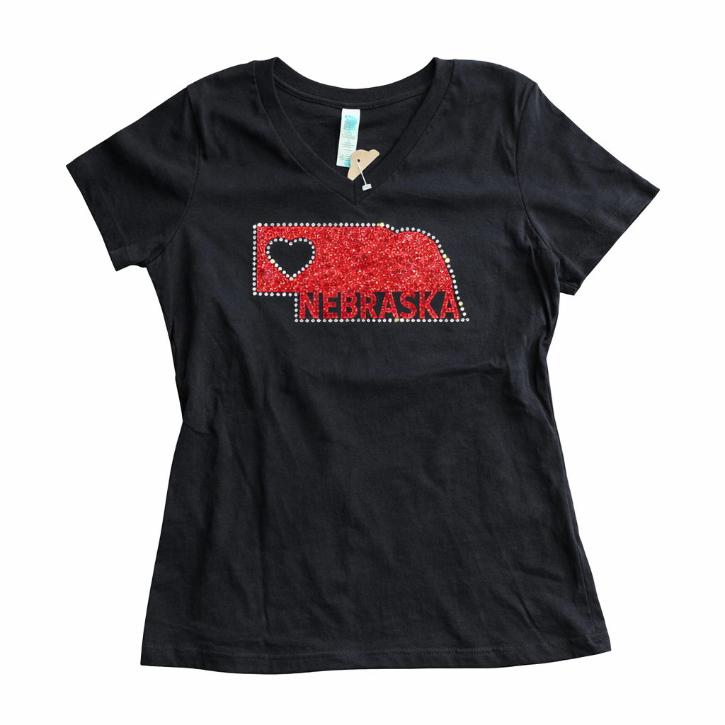 Black t-shirt with a red state outline and heart design on a white background