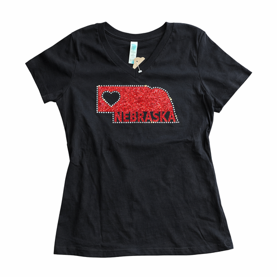 Black t-shirt with a red state outline and heart design on a white background