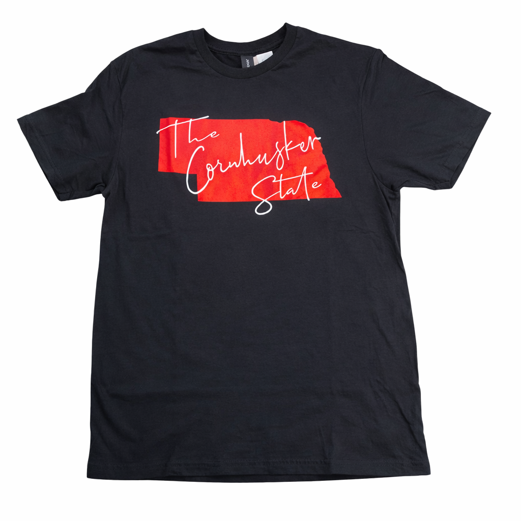 Black t-shirt with red and white graphic design on a white background