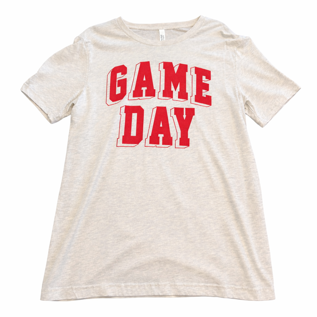 Gray t-shirt with 'GAME DAY' printed in red on a white background