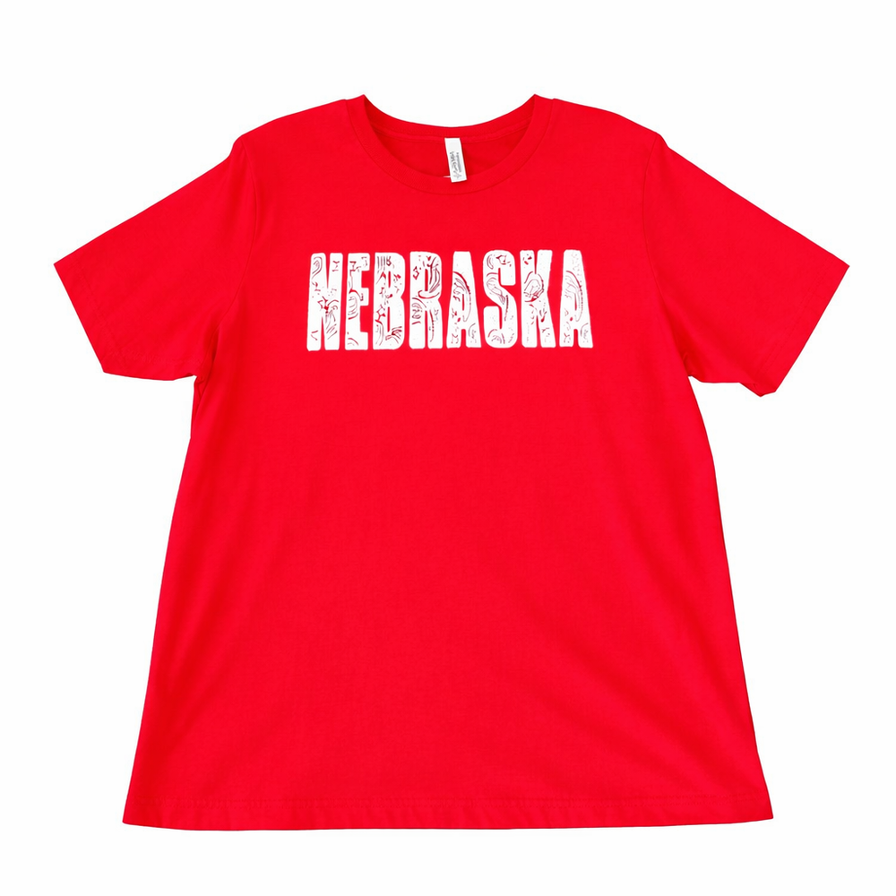 Red t-shirt with 'NEBRASKA' printed on it against a white background
