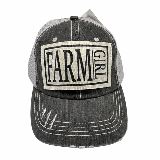 Black and gray cap with 'Farm Girl' logo on a white background