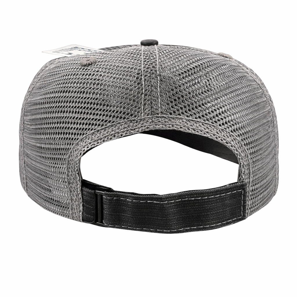 Gray mesh cap with black strap on a white background