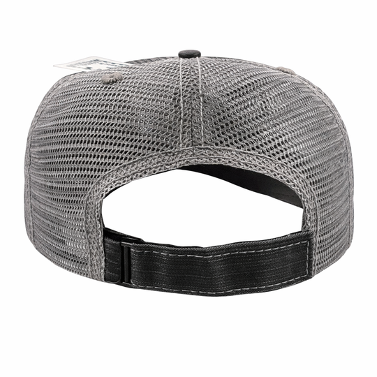 Gray mesh cap with black strap on a white background