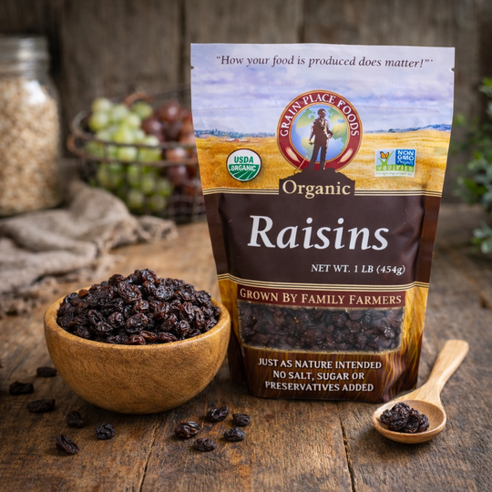 Organic raisins in a rustic kitchen