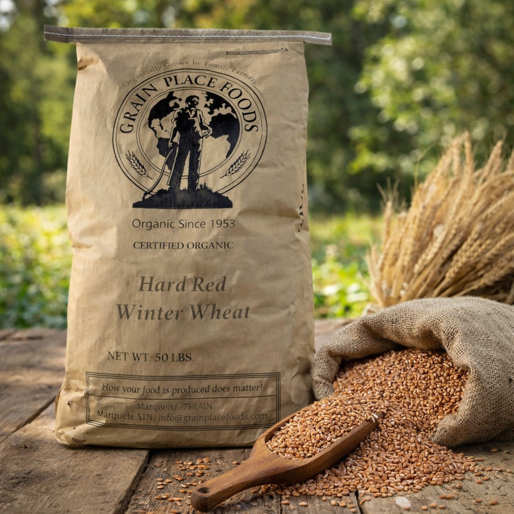 Bag of Grain Place Foods Hard Red Winter Wheat with wheat grains and a scoop on a wooden surface.