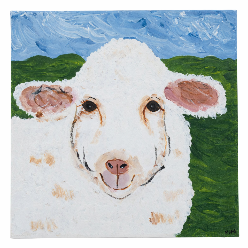 Painting of a sheep with a blue sky and green fields in the background
