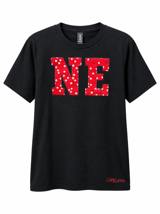 NE Red Floral Sewn Appliqué Licensed Youth Black Shirt | Multiple Sizes | H.Flynn Designs