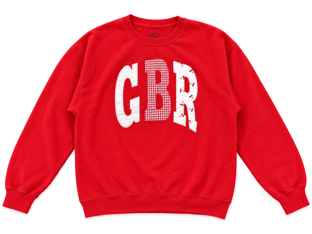 GBR Patchwork Sewn Appliqué Licensed Toddler RED Crewneck Sweatshirt | Multiple Sizes | H.Flynn Designs