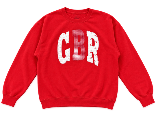 GBR Patchwork Sewn Appliqué Licensed Toddler RED Crewneck Sweatshirt | Multiple Sizes | H.Flynn Designs