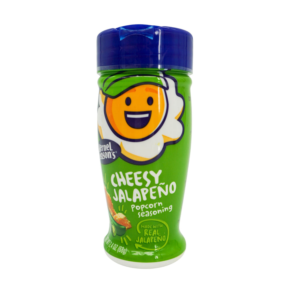 Cheesy Jalapeño popcorn seasoning container with a smiley face design on a white background